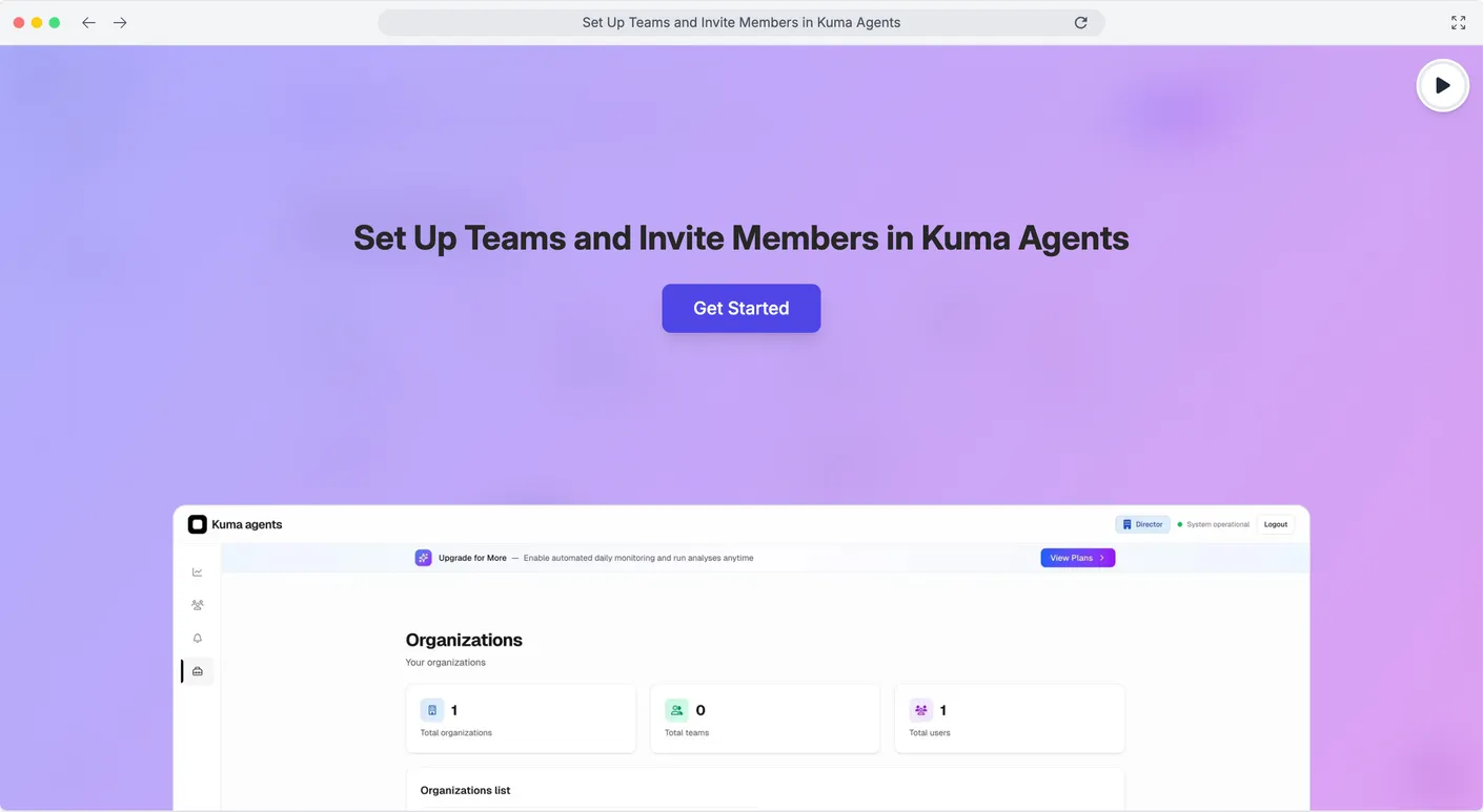 Set Up Teams and Invite Members in Kuma Agents preview
